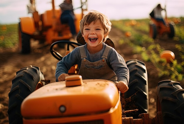 un ragazzino che cavalca un trattore in una piantagione di zucche nello stile di facce emotive.