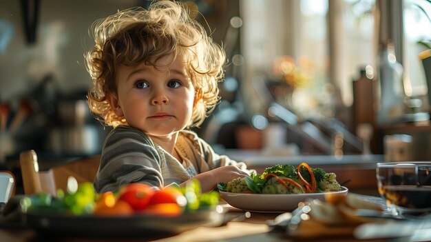 Un ragazzino che fa colazione in cucina la mattina