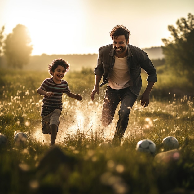 Un ragazzino che gioca a calcio con suo padre