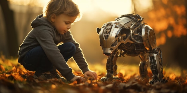 Un ragazzino che gioca con un cane robot in autunno