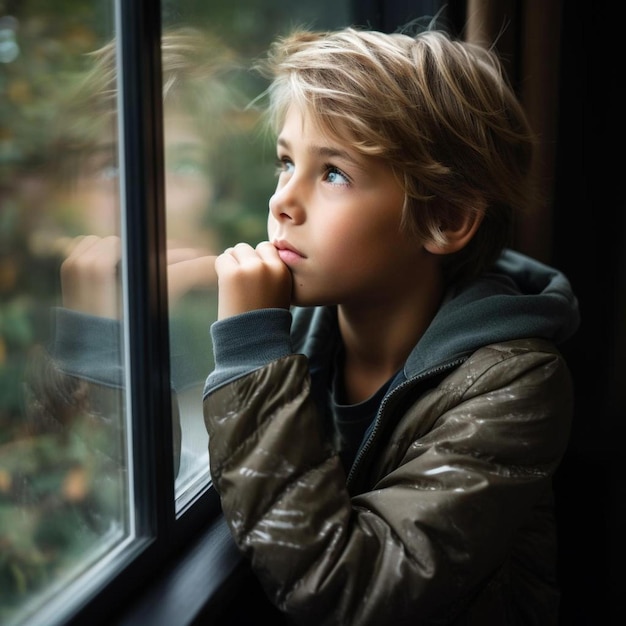 un ragazzino che guarda fuori da una finestra