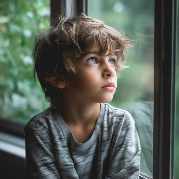 un ragazzino che guarda fuori da una finestra