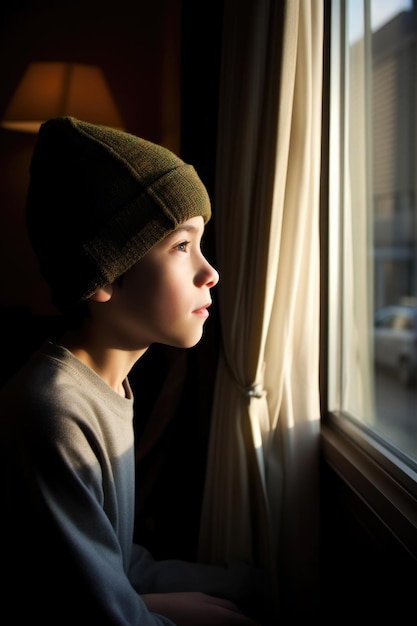 Un ragazzino che guarda fuori dalla finestra del suo hotel creato con l'IA generativa