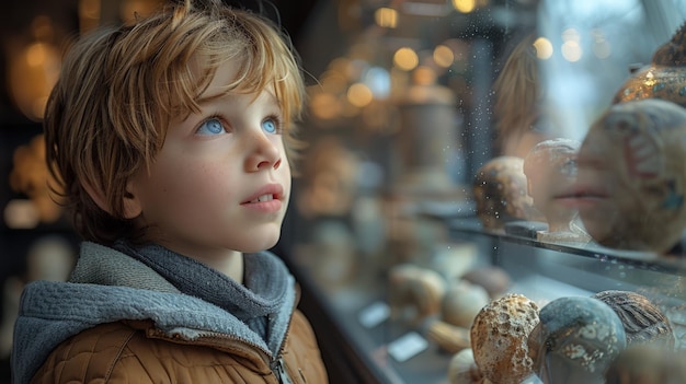 Un ragazzino che guarda i dolci dalla finestra