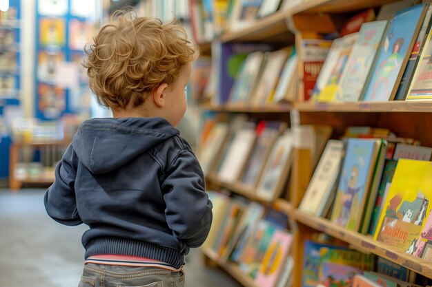 Un ragazzino che guarda i libri in una libreria