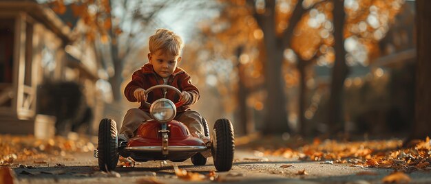 Un ragazzino che guida un'auto a pedale per strada tra i boschi con un grande spazio e uno sfondo sfocato per il testo o la pubblicità del prodotto AI generativa