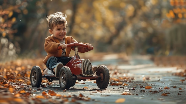 Un ragazzino che guida un'auto a pedale per strada tra i boschi con un grande spazio e uno sfondo sfocato per il testo o la pubblicità del prodotto AI generativa