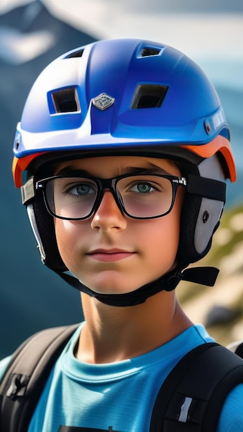 Un ragazzino che indossa casco e occhiali si trova con fiducia davanti all'enorme sfondo di montagna pronto per l'avventura e l'esplorazione Può essere che si stia preparando per un giro in bicicletta o qualche altra attività all'aperto