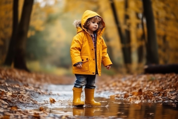 Un ragazzino che indossa stivali gialli da pioggia che salta e schizza nelle pozzanghere mentre la pioggia cade intorno a lui Lo scatto trasmette una forte atmosfera estiva Vista ravvicinata
