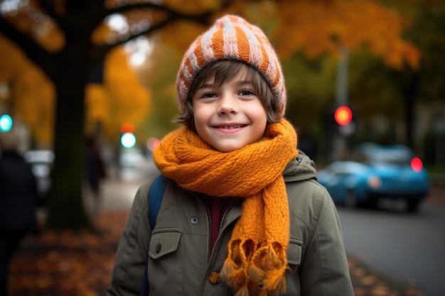 un ragazzino che indossa un cappello e una sciarpa a maglia