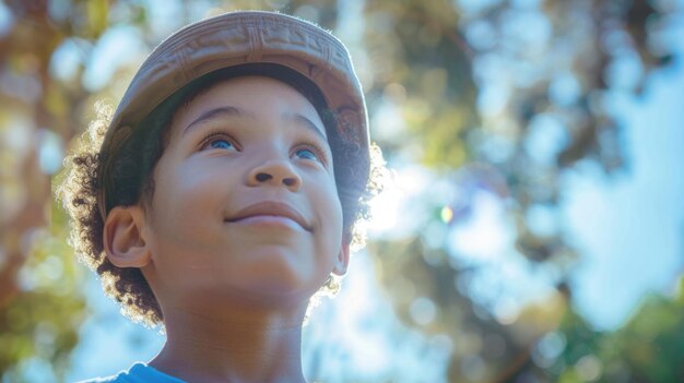 Un ragazzino che indossa un cappello guarda verso il cielo con curiosità e meraviglia