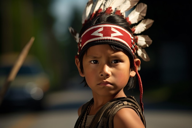 un ragazzino che indossa un copricapo nativo americano