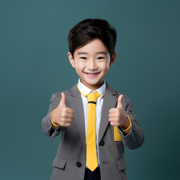 Un ragazzino che indossa un vestito e una cravatta con la parola " pollice in alto " sulla parte anteriore.