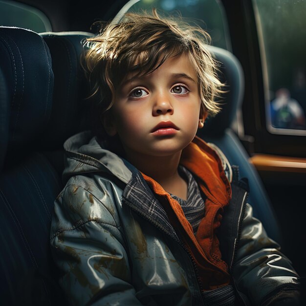 un ragazzino che indossa una giacca si siede in una macchina