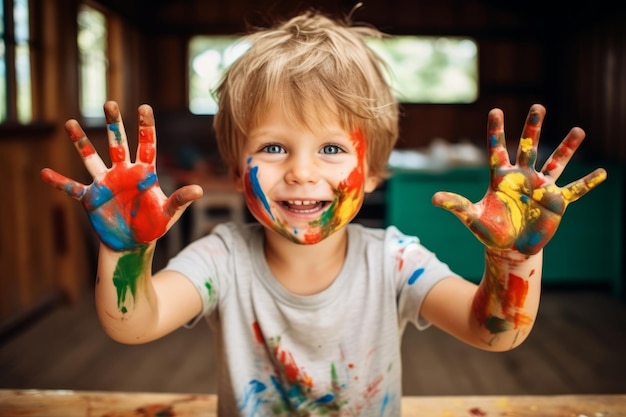 Un ragazzino che indossa vernici colorate sulle mani