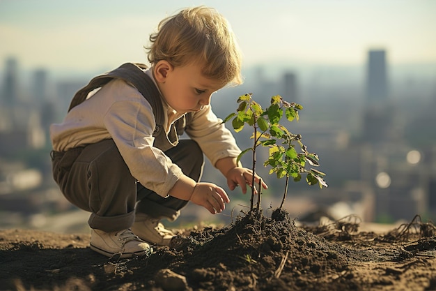 Un ragazzino che pianta nella terra un piccolo albero piccolo grandi edifici della città contemporanea sullo sfondo