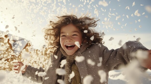 Un ragazzino che si diverte nella neve un bambino gioca e si diverte nelle nevicate in inverno