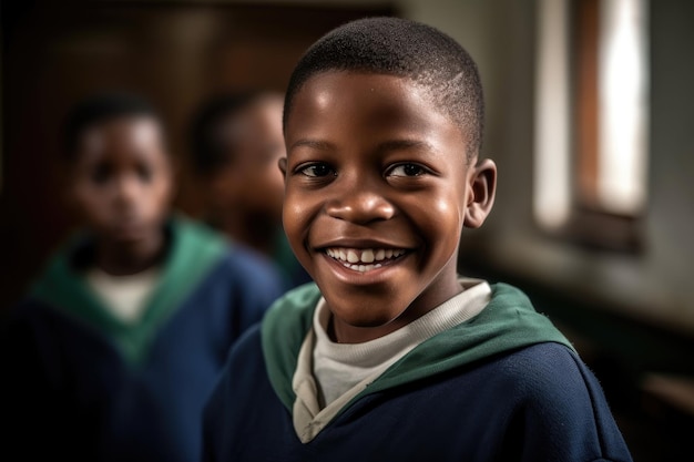 Un ragazzino che sorride con il suo amico sullo sfondo a scuola creato con l'AI generativa