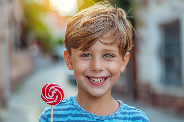 Un ragazzino che sorride e tiene in mano un lecca-lecca con uno sfondo di strada sfocato e un grande spazio per il testo o il prodotto AI generativa