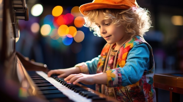 Un ragazzino che suona un pianoforte giocattolo con entusiasmo