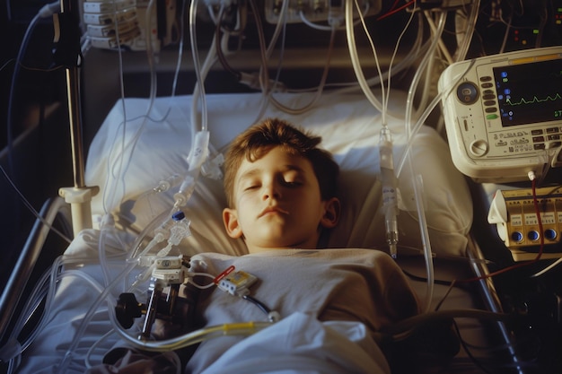 Un ragazzino collegato a vari tubi e monitor il suo piccolo telaio inghiottito