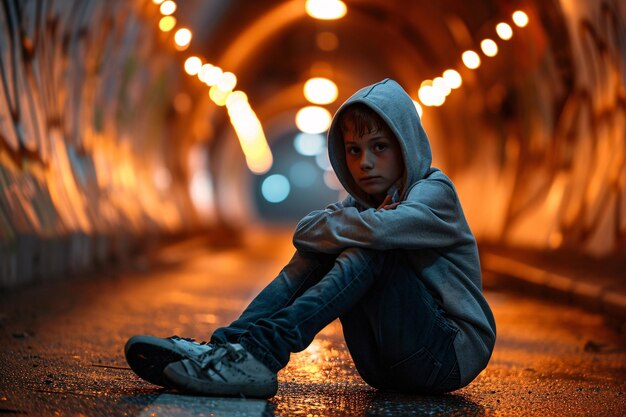 Un ragazzino con cappuccio e jeans seduto a terra in un tunnel buio