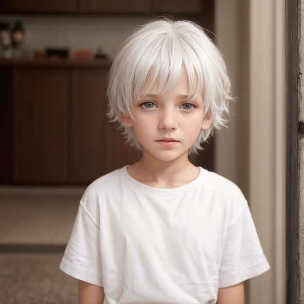 un ragazzino con i capelli bianchi e una camicia bianca con gli occhi blu e una camicetta bianca che dice "la parola".