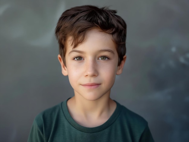 Un ragazzino con i capelli castani e la camicia verde.