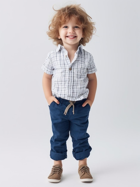 Un ragazzino con i capelli ricci e i jeans blu si trova in uno studio