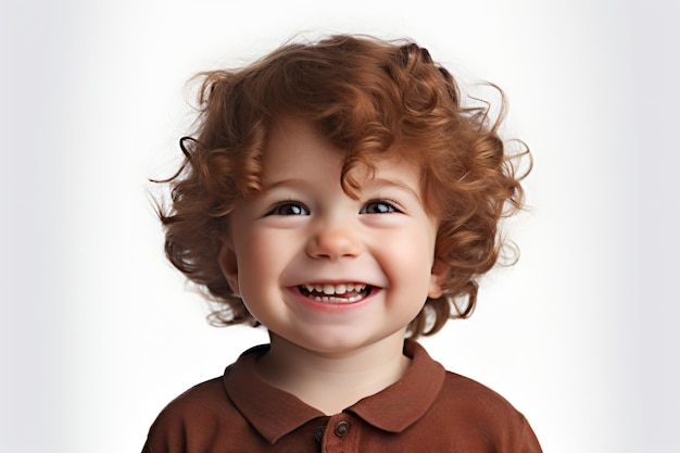 Un ragazzino con i capelli rossi ricci sorride davanti a uno sfondo bianco.