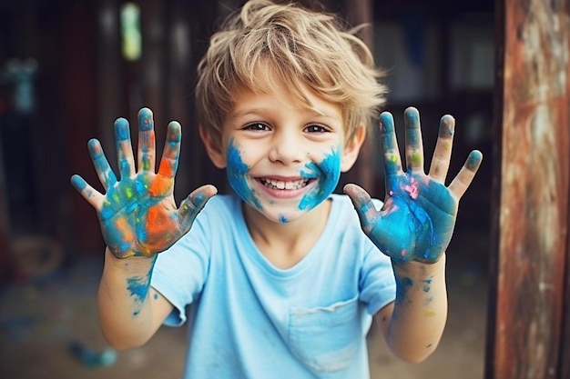 un ragazzino con le mani dipinte di blu