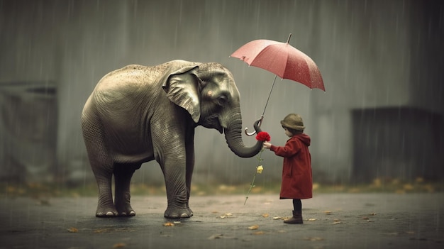 Un ragazzino con un cappotto rosso e un cappello con un elefante.