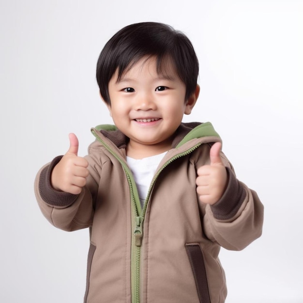 Un ragazzino con un cartello con il pollice alzato che dice "pollice alzato".