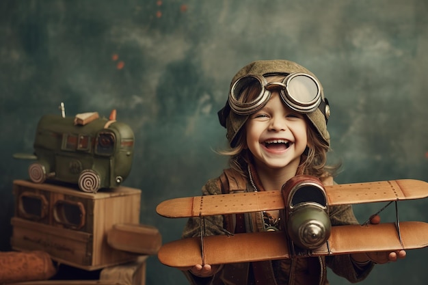 Un ragazzino con un casco da pilota tiene in mano un aeroplano modello.