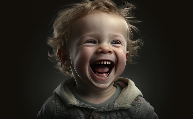 Un ragazzino con un grande sorriso che dice "felice".