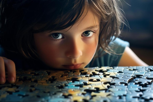 Un ragazzino con un puzzle con su scritto "puzzle".