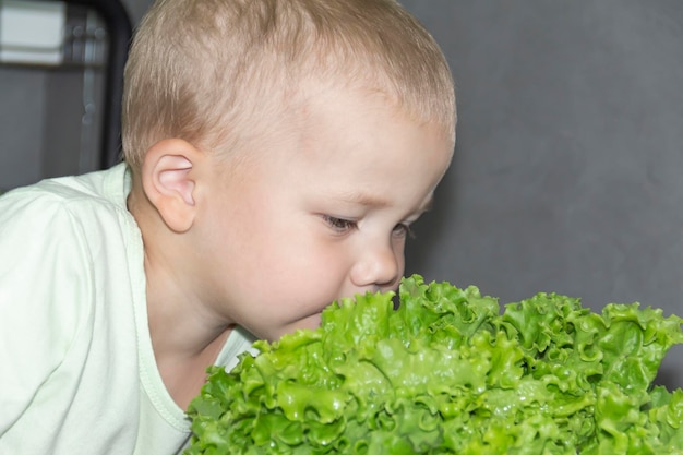 Un ragazzino con un taglio di capelli corto aiuta a cucinare in cucina Lava le verdure fresche e le erbe aromatiche in un lavandino nero in una cucina grigia