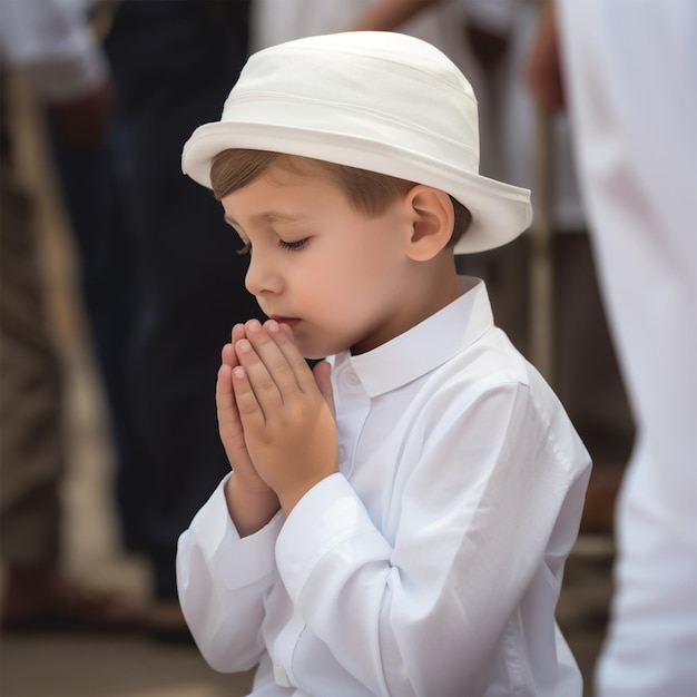 Un ragazzino con un vestito bianco e un cappello che prega