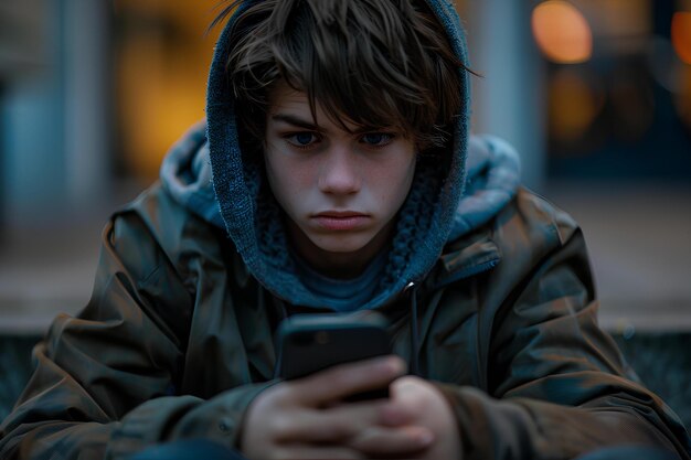 Un ragazzino con una giacca con cappuccio che guarda il suo cellulare mentre è seduto su una panchina fuori di notte