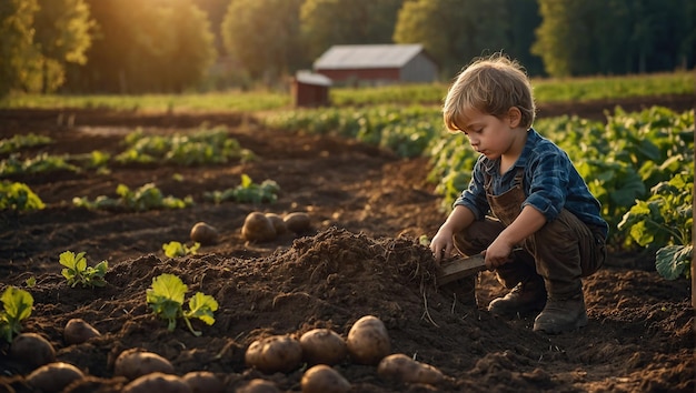 Un ragazzino contadino in un'ecofarm che raccoglie patate in una bella giornata di sole