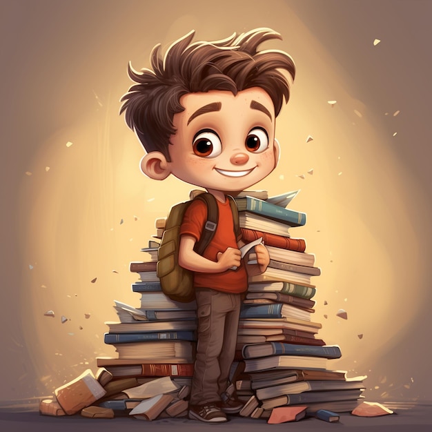 Un ragazzino di cartoni animati che porta una pila di libri