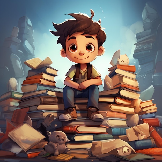 Un ragazzino di cartoni animati che porta una pila di libri