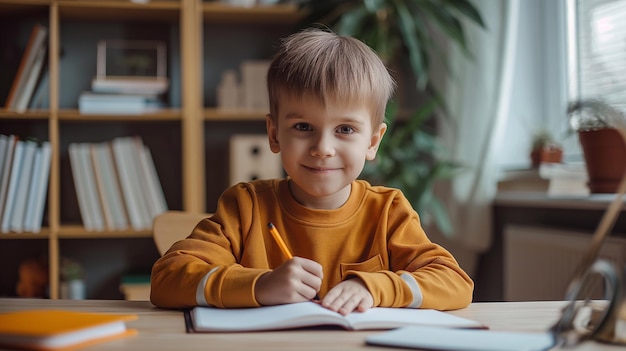 Un ragazzino diligente sorride facendo i compiti per la scuola La stanza dei bambini con conoscenze educative