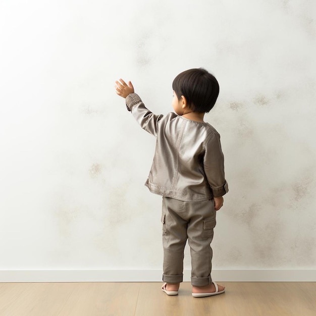 Un ragazzino è in piedi davanti a un muro con l'immagine di un muro dietro di lui.