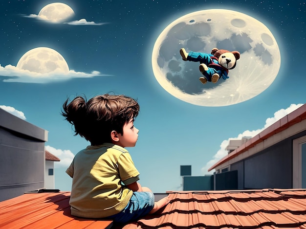 Un ragazzino e una ragazza si siedono sul tetto di notte guardando le stelle nel cielo Generativo Ai