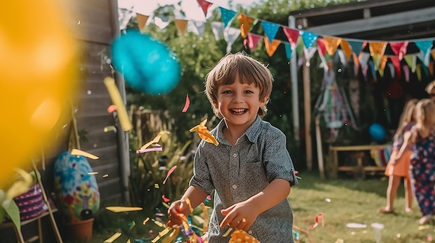 un ragazzino felice che colpisce una pignatta a una festa di compleanno