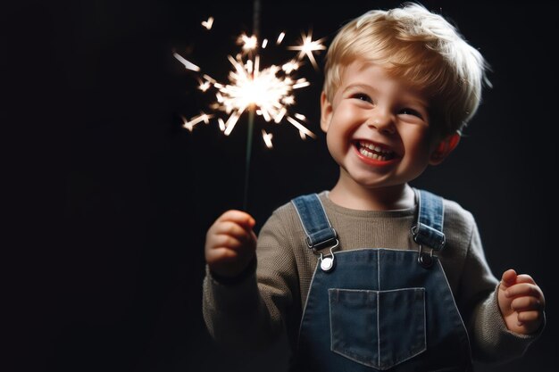 Un ragazzino felice con una scintilla su uno sfondo nero