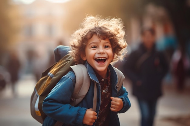 Un ragazzino felice e sorridente che porta uno zaino che va a scuola Ai generativi