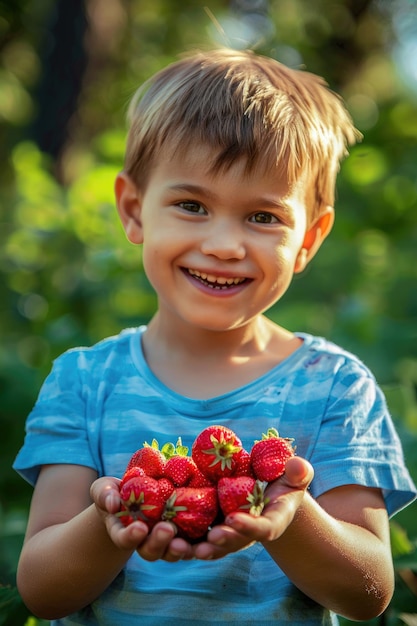 Un ragazzino felice e sorridente tiene delle fragole mature nelle mani.