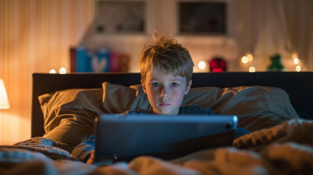 Un ragazzino giace a letto a fissare attentamente lo schermo di un portatile